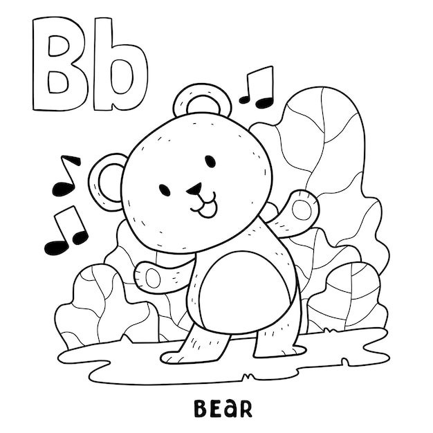 Urso animal do alfabeto para colorir com desenho animado de letra desenhada à mão da palavra