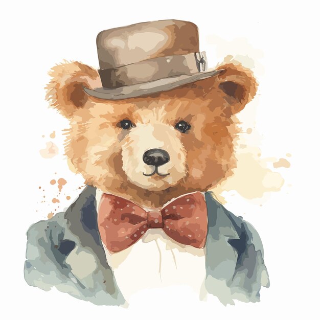 Vetor urso aquarela usando um chapéu