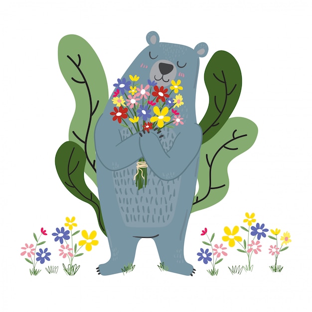 Urso azul bonito segurando flores no jardim