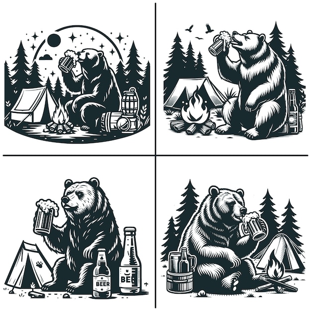 Vetor urso bebendo cerveja urso acampando com cerveja svg t-shirt de vida de acampamento arquivo vetorial de vida selvagem