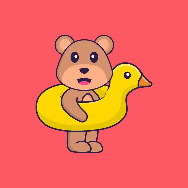 Urso bonito com boia de pato. conceito de desenho animado animal isolado. estilo flat cartoon