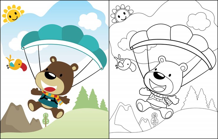 Vetor urso bonito dos desenhos animados do pára-quedista