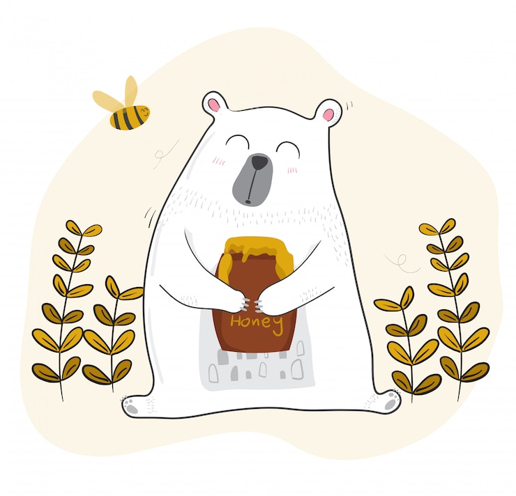 Vetor urso branco bonito ter mel com uma pequena abelha