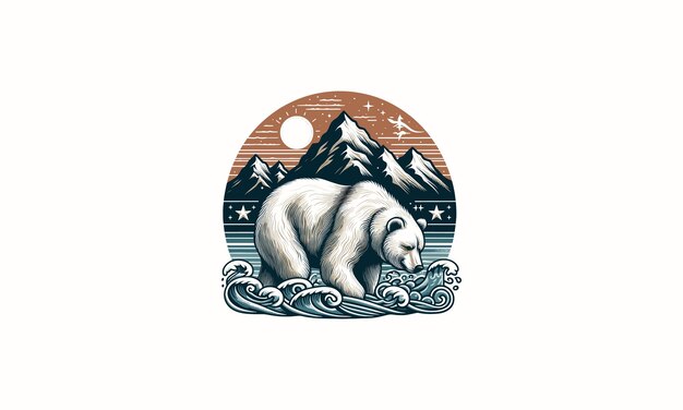 Urso branco no design plano do logotipo do vetor de neve da montanha