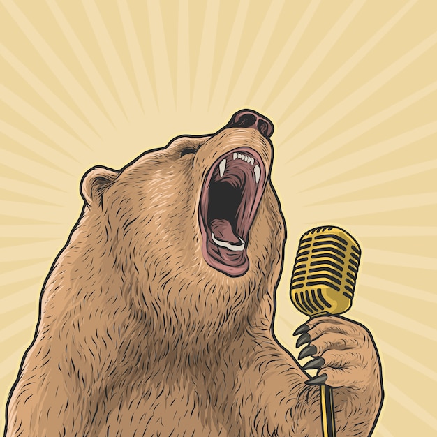 Vetor urso cantando alto com mão de microfone vintage desenho ilustração vetorial