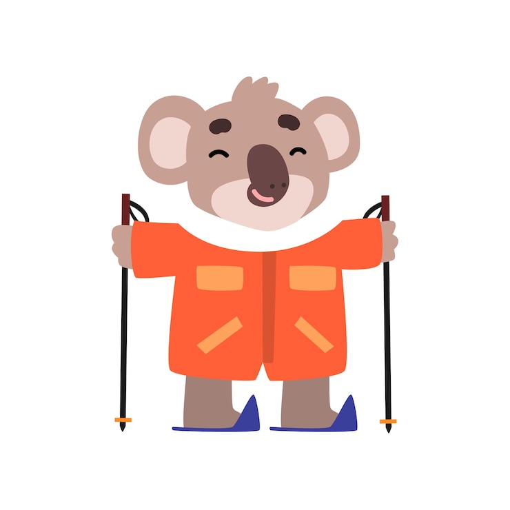 Vetor urso coala esquiando personagem de desenho animado animal bonito em ilustração vetorial de férias de inverno em um branco