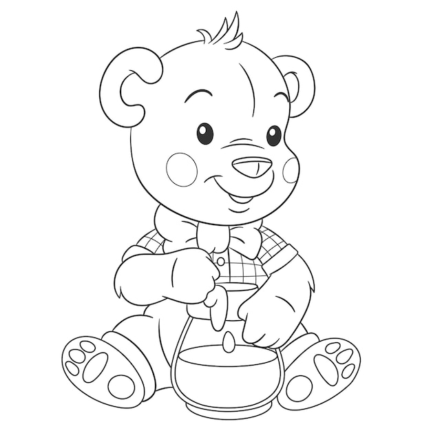 Vetor urso com pote de mel. personagem de desenho animado. página do livro para colorir em estilo de arte de linha.