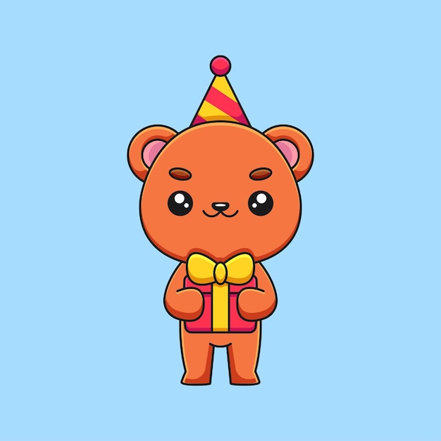 Urso de aniversário bonito, mascote de desenho animado, arte desenhada à mão, conceito, vetor, ilustração, ícone kawaii