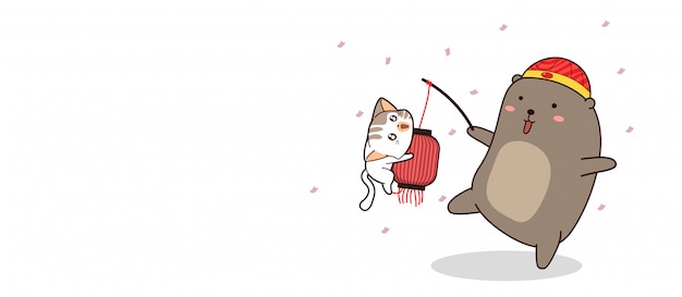 Urso de bandeira está carregando lâmpada chinesa com banner de gato