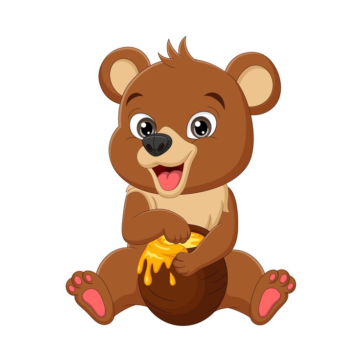 Vetor urso de bebê engraçado de desenho animado sentado e comendo mel do pote