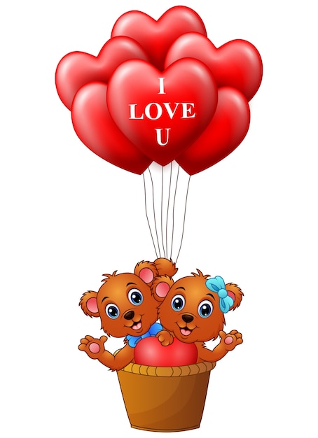 Urso de desenho animado em uma cesta com balão de forma de coração vermelho