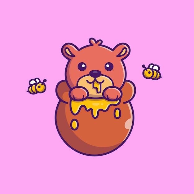 Urso de peluche bonito comer mel icon ilustração. personagem de desenho animado de mascote de urso. conceito de ícone animal isolado