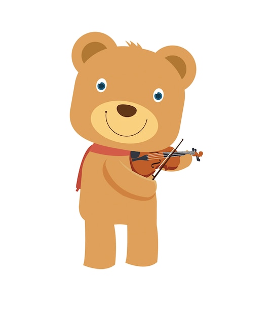 Urso de peluche marrom bonito feliz que joga o violino