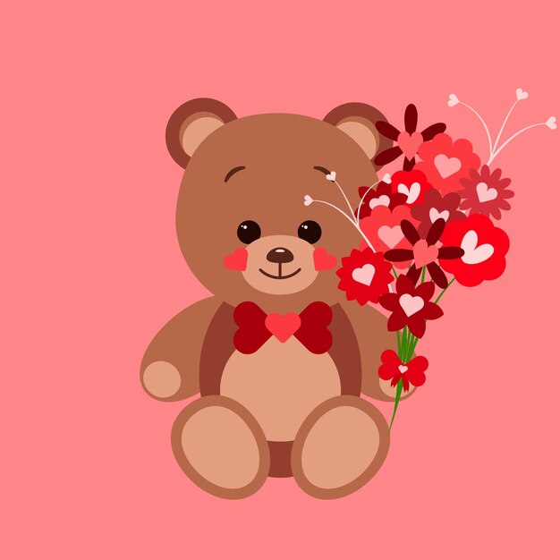 Urso de pelúcia com cartão de flores para dia dos namorados Ilustração vetorial Conceito de amor isolado em vermelho