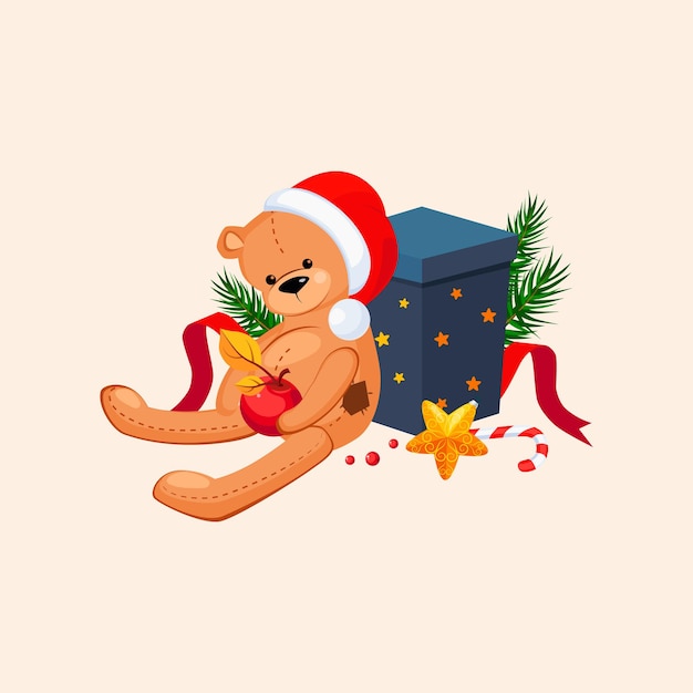 Urso de pelúcia fofo em um chapéu de natal sentado perto do presente. ilustração vetorial de férias