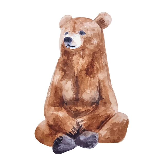 Urso de pelúcia marrom aquarela sentado isolado no fundo branco