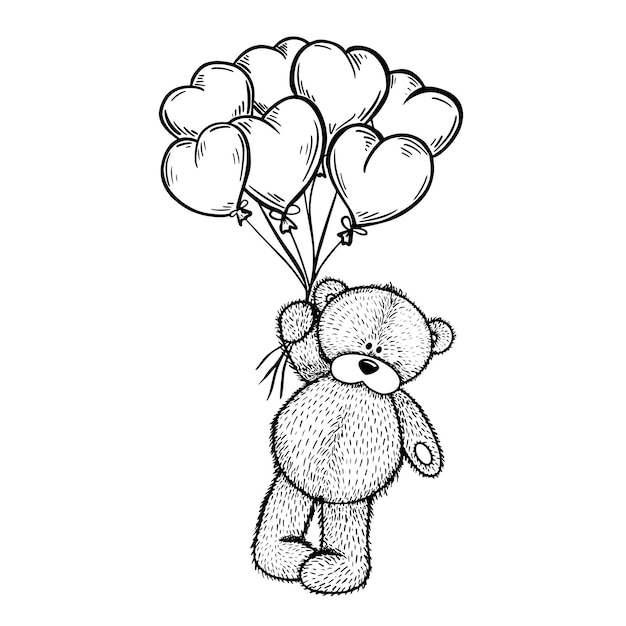Urso de pelúcia segurando balões em suas patas. brinquedo infantil como presente. mão desenhada em estilo gráfico