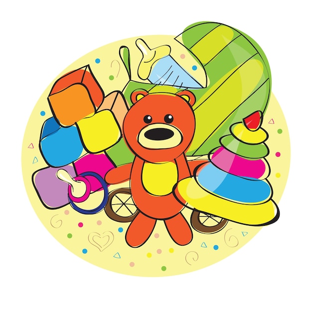 Urso desenhado à mão e outros brinquedos - ilustração vetorial