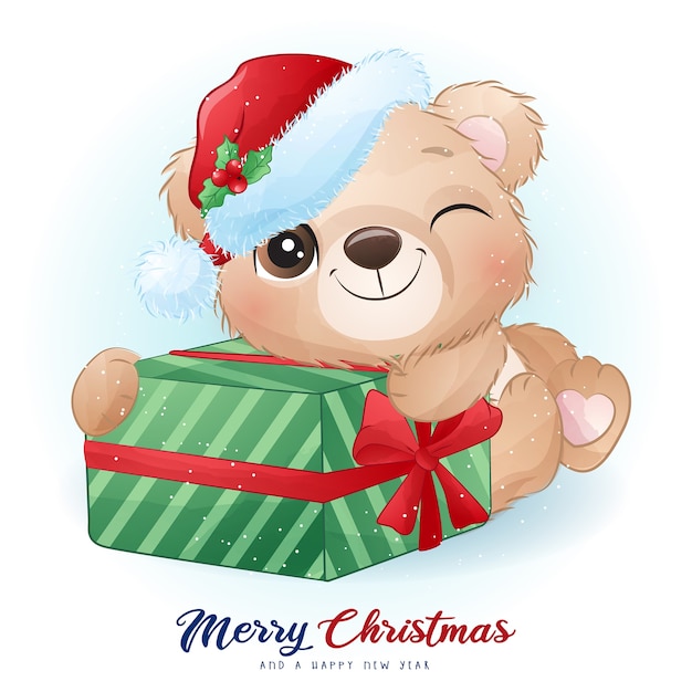 Urso doodle fofo para o dia de natal com ilustração em aquarela