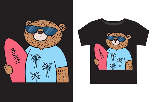 Vetor urso engraçado desenhado à mão com ilustração de desenhos animados de prancha de surf para camiseta infantil