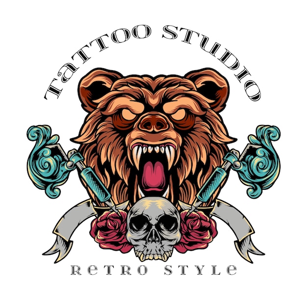 Vetor urso estúdio de tatuagem estilo retro