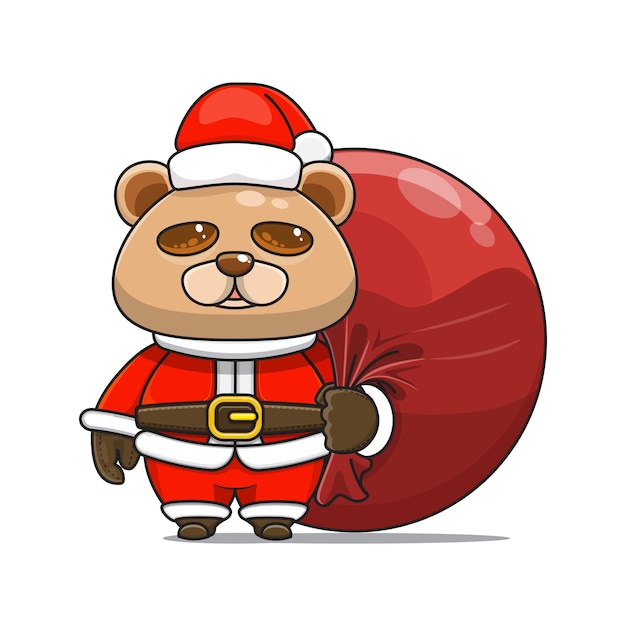 Urso fofo carregando presentes de natal em uma sacola fofa desenho de animal de papai noel