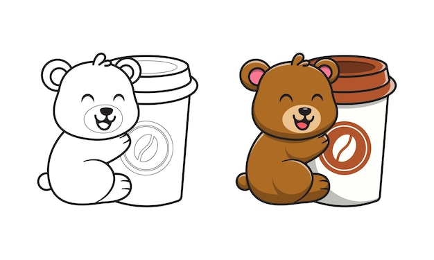 Urso fofo com desenho de café para colorir