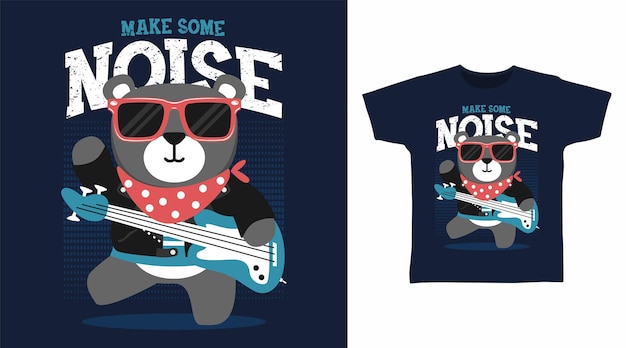 Vetor urso fofo com desenhos de arte de camiseta de desenho de guitarra