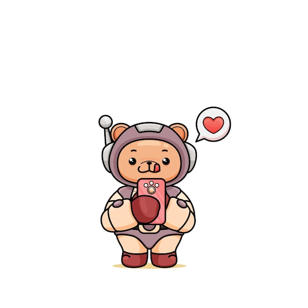 Urso fofo de desenho animado em traje de astronauta no estilo kawaii segurando smartphone com amor bolha