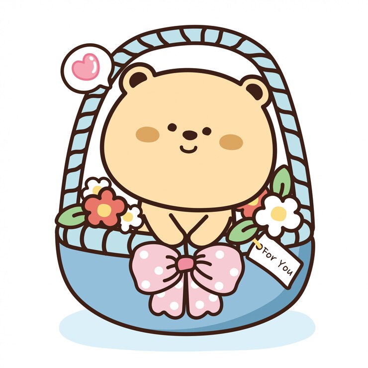 Urso fofo e flor na cesta azul