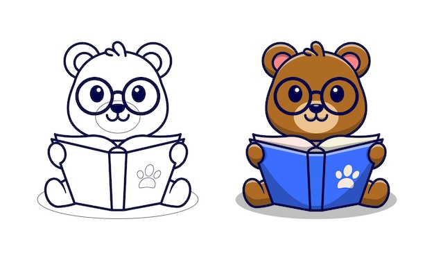 Urso fofo está lendo um livro de desenhos para colorir para crianças