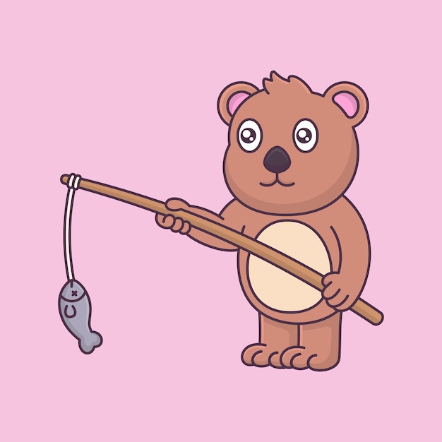 Vetor urso fofo está pescando ícone de ilustração vetorial de desenho animado animal isolado