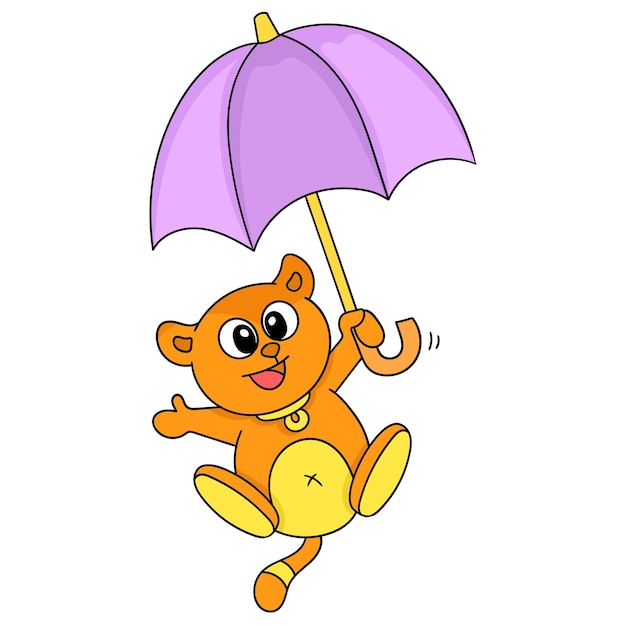 Urso fofo está pulando usando guarda-chuva, desenho de doodle bonito de personagem. ilustração vetorial