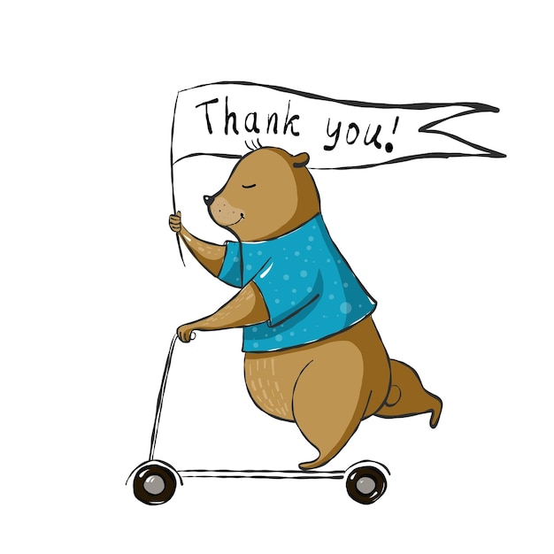 Urso fofo na scooter obrigado ilustração vetorial clipart com personagem de desenho animado