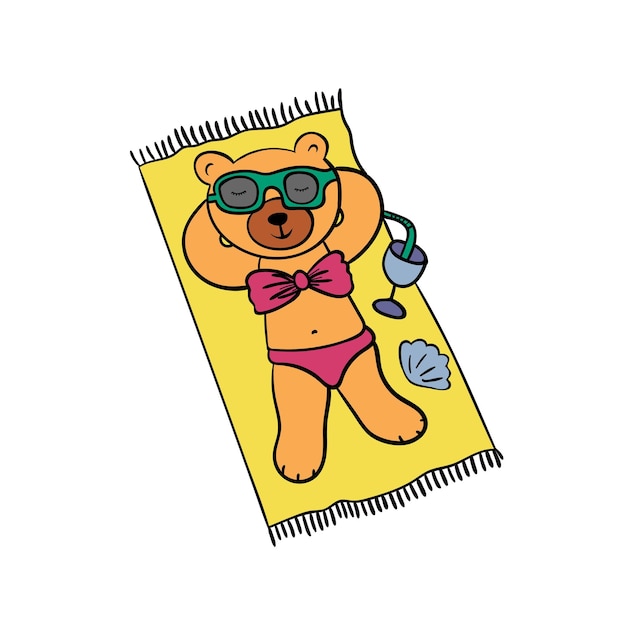 Urso fofo tomando banho de sol na praia Personagem de desenho animado Animais engraçados Ilustração vetorial desenhada à mão
