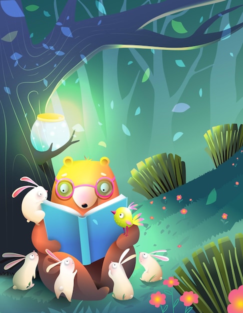 Vetor urso lendo um livro de histórias para coelhos na floresta