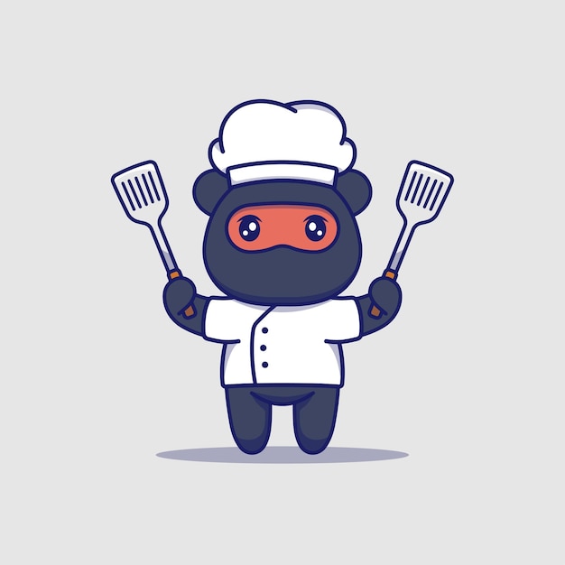 Urso ninja fofo com uniforme de chef e espátulas