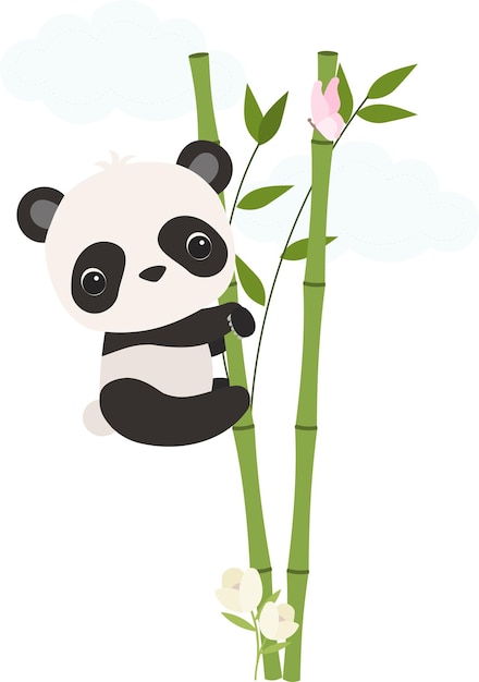 Urso panda fofo subindo no bambu com flores brancas e borboleta