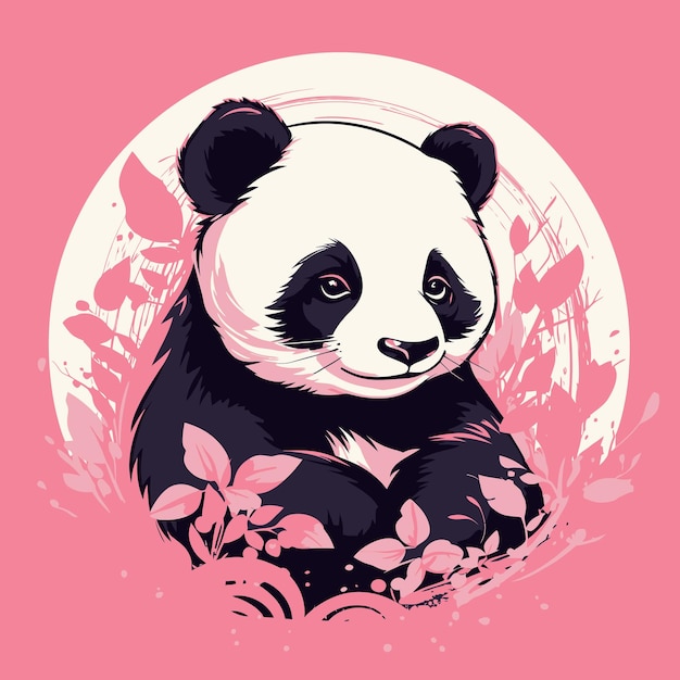 Vetor urso panda sentado em cima de um fundo rosa