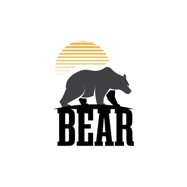 Urso pardo com modelo de logotipo de design de fundo de sol