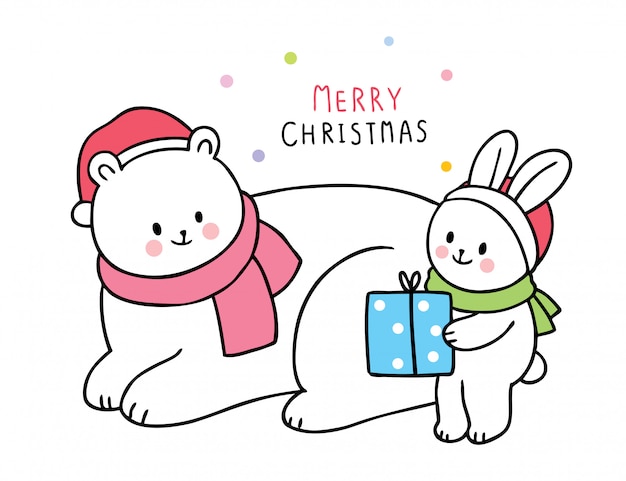 Urso polar de natal bonito dos desenhos animados e coelho e presente