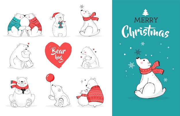 Urso polar desenhado de mão, conjunto de urso fofo, ursos de mãe e bebê, dois ursos. Saudações de feliz natal com ursos