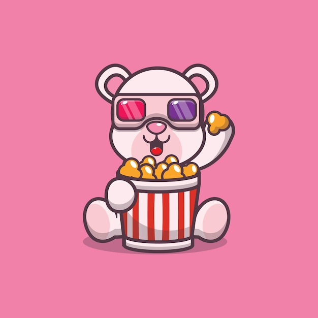 Urso polar fofo comendo pipoca e assistindo filme em 3d