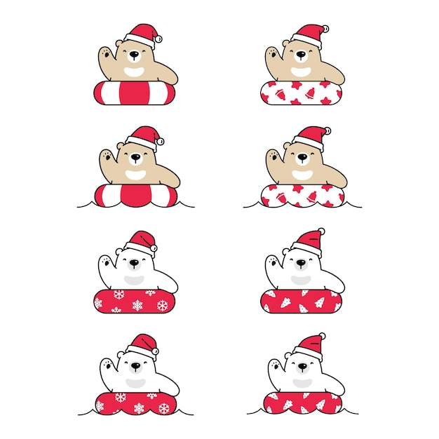 Urso polar natal santa claus hat cartoon personagem anel de natação