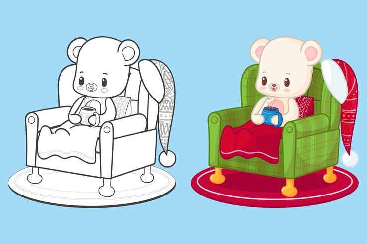 Vetor urso polar sentado na poltrona enquanto bebe um chocolate quente