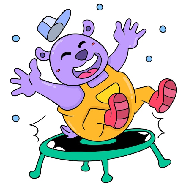 Vetor urso roxo está se divertindo, pulando e pulando jogando cama elástica, arte de ilustração vetorial. imagem de ícone do doodle kawaii.