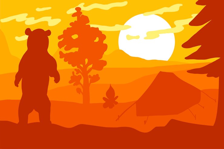 Vetor urso selvagem no acampamento da floresta. paisagem de montanhas com tenda e fogueira. pôr do sol e nascer do sol. panorama amarelo e laranja. grande sol. vetor