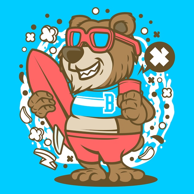 Urso, surfando, caricatura