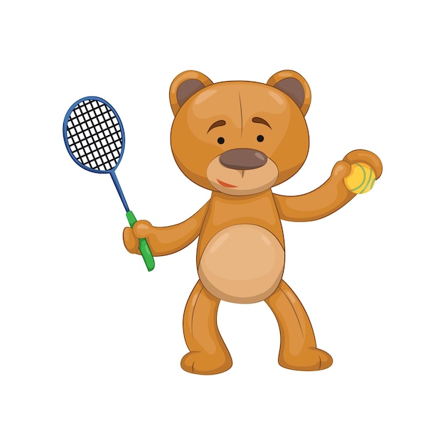 Urso teddy. animal bonito dos desenhos animados marrom. símbolo engraçado com bola e raquete de tênis. etiqueta do vetor. modelo para impressão ou cartão comemorativo
