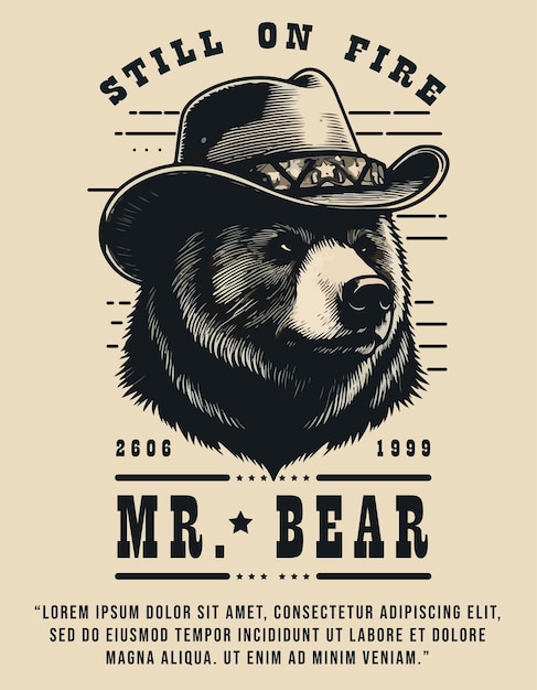 Vetor urso usando chapéus com design de estilo vintage